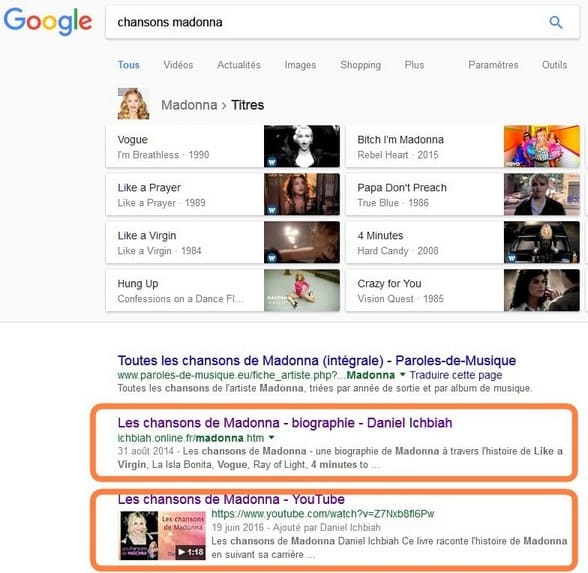 Requte Google sur les chansons de Madonna