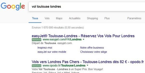Requete Google vol Toulouse Londres